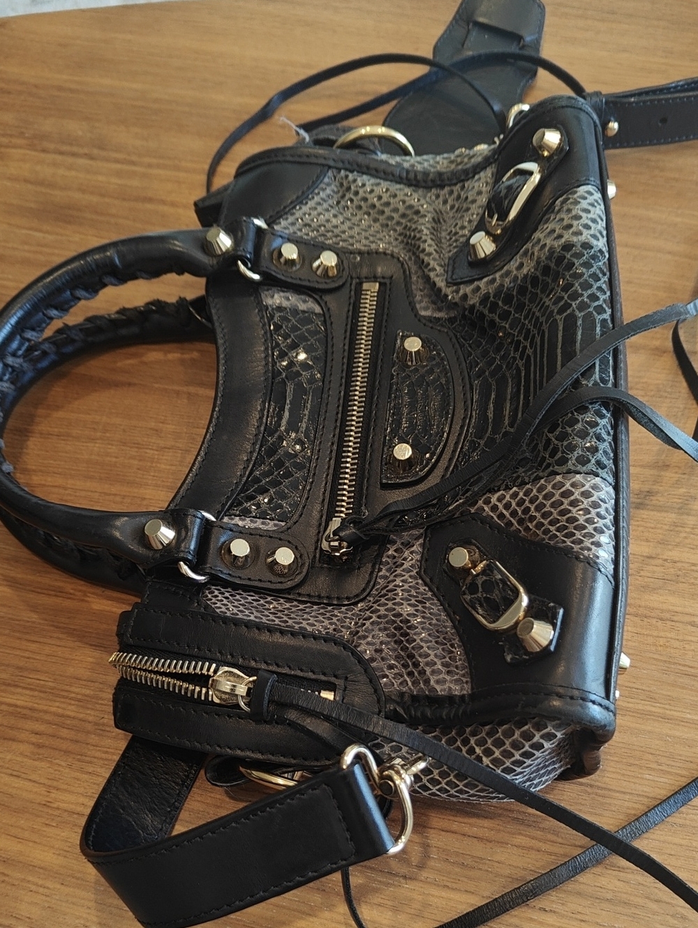 Balenciaga Black and Gray Snake-Textured Top-Handle Crossbody